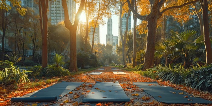 Group of adults attending a yoga class outside in park with natural background.