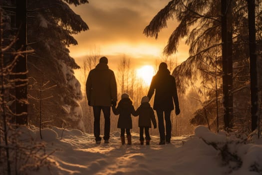 Tranquil Family forest winter sunset. Park fun child. Generate Ai