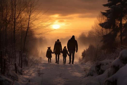 Glowing Family forest winter sunset. Park fun child. Generate Ai