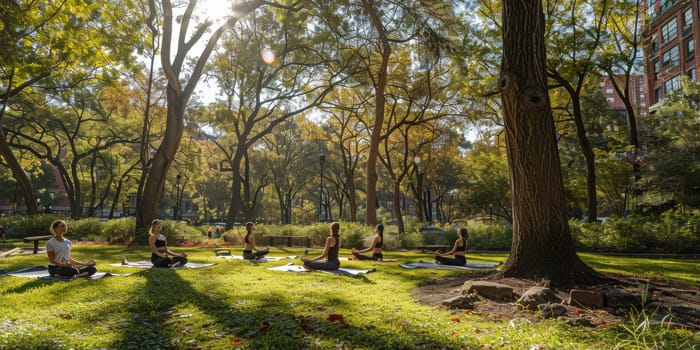 Group of adults attending a yoga class outside in park with natural background.