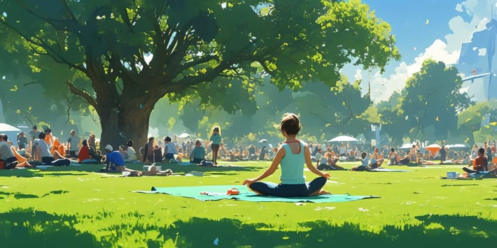 Group of adults attending a yoga class outside in park with natural background.