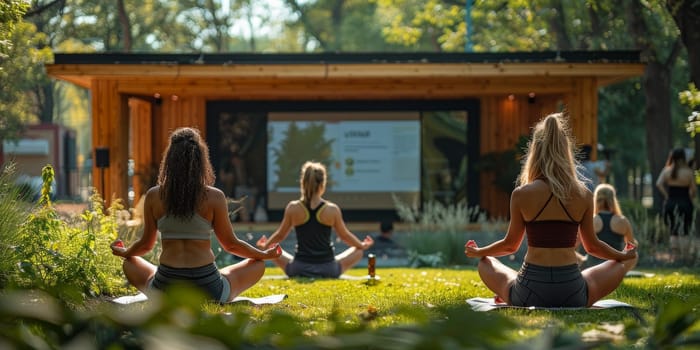 Group of adults attending a yoga class outside in park with natural background.