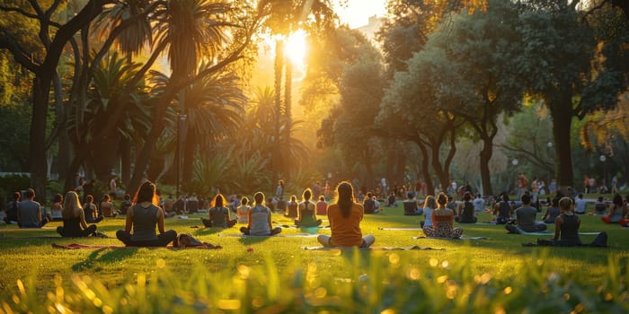 Group of adults attending a yoga class outside in park with natural background.