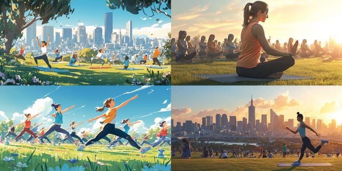 Group of adults attending a yoga class outside in park with natural background.