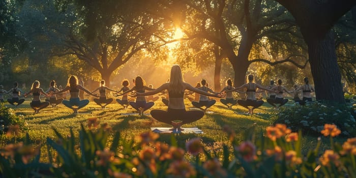 Group of adults attending a yoga class outside in park with natural background.