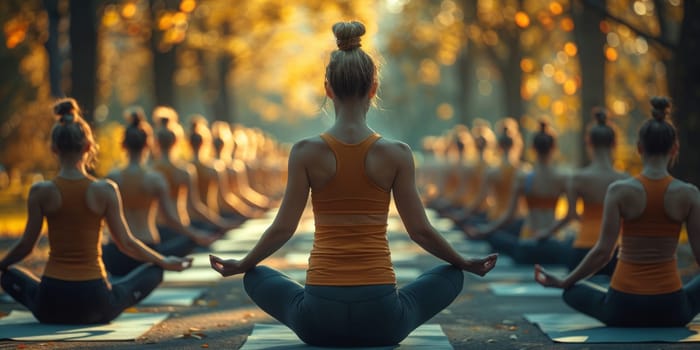 Group of adults attending a yoga class outside in park with natural background.