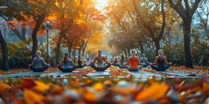 Group of adults attending a yoga class outside in park with natural background.