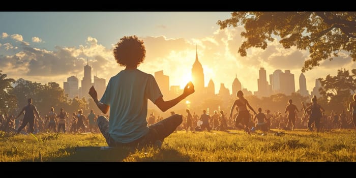 Group of adults attending a yoga class outside in park with natural background.