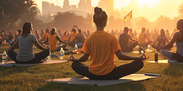 Group of adults attending a yoga class outside in park with natural background.