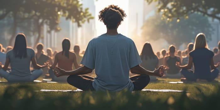 Group of adults attending a yoga class outside in park with natural background.