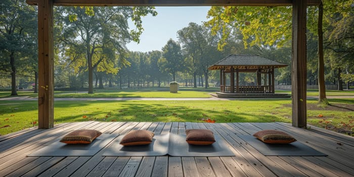 Group of adults attending a yoga class outside in park with natural background.