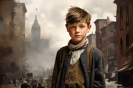Spirited American 1920 child boy. Old american town. Generate AI