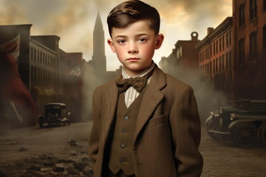 Adventurous American 1920 child boy. Old american town. Generate AI