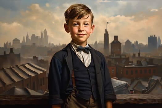 Charming American 1920 child boy. Old american town. Generate AI