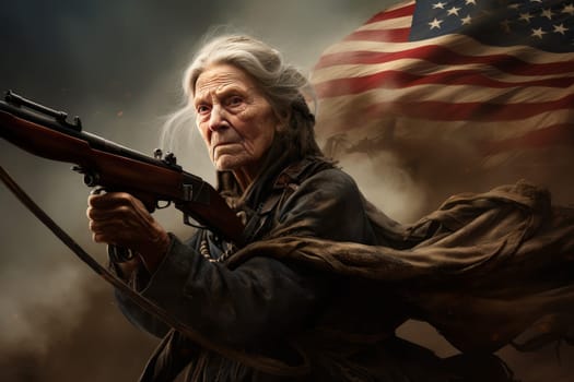 Weathered American old woman military vintage. Patriotic portrait. Generate Ai