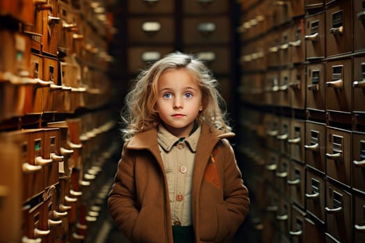 Petite Cute small girl. Archivist filing cabinets. Generate Ai