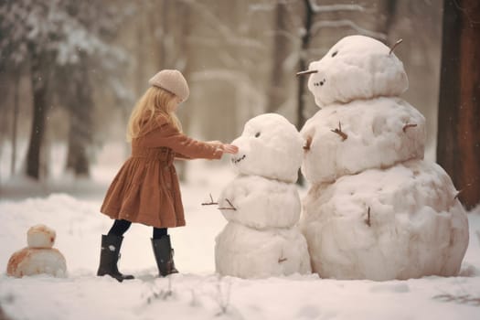 Fun-loving Girl play big snowman. Carrot frost. Generate Ai
