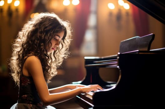 Passionate Girl plays piano in light. Kid play. Fictional person. Generate Ai