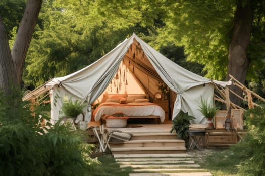 Luxurious Summer glamping tent. Holiday outdoor. Generate Ai