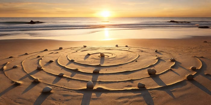 Pattern of stones on a sandy beach, illuminated by the warm colors of a sunset.