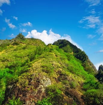 Mountain, green and natural landscape with blue sky, summer and calm clouds on peak at travel location. Nature, cliff and sustainable environment with earth, forest and tropical holiday destination.