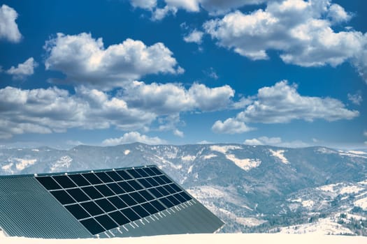 solar panels with the clouds sky. solar panels with sun reflection. background of photovoltaic modules for renewable energy high in mountains. download