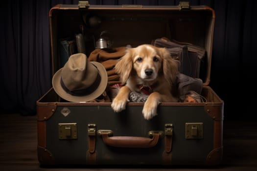 Domestic Dog sit at open suitcase. Vacation travel. Generate Ai