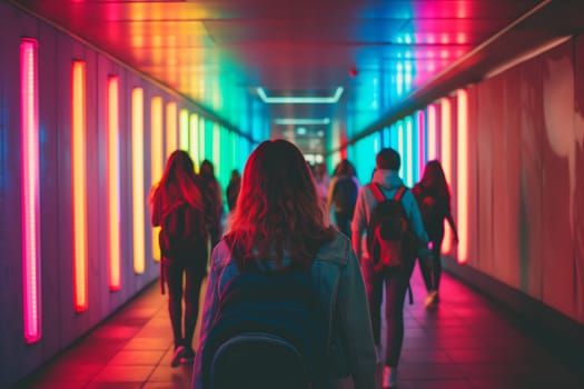 A group of people walking down a hallway with colorful lights. Neural network generated image. Not based on any actual scene or pattern.