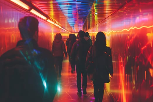 A group of people walking down a hallway with colorful lights. Neural network generated image. Not based on any actual scene or pattern.