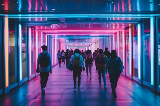 A group of people walking down a hallway with colorful lights. Neural network generated image. Not based on any actual scene or pattern.