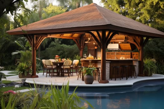 Lively Gazebo swimming pool bbq. Home garden. Generate Ai