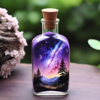 Magic potion in glass bottle with mountains and forest on wooden table outdoors