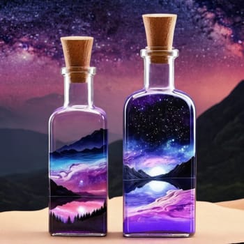 Two glass bottles with magic landscape on the background of the starry sky