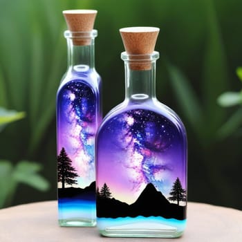 Beautiful magic potion in bottles with forest and mountains on nature background
