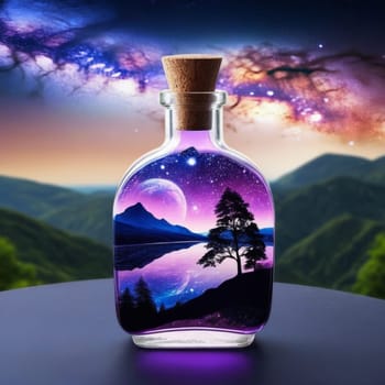 Magic potion in glass bottle with forest and starry sky on background