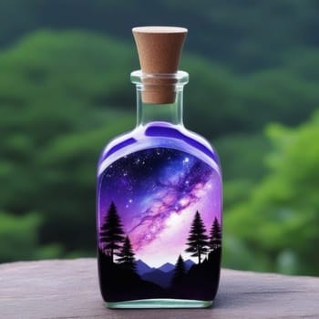 Magic potion in bottle with forest and starry sky on nature background