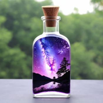 Magic potion in a bottle with a tree on the background of nature