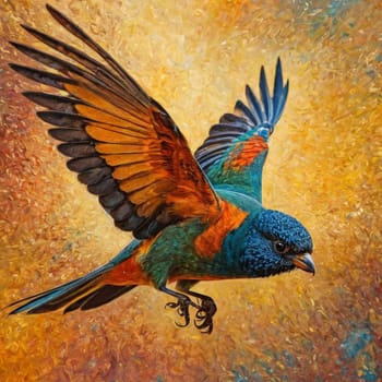 Colorful bird on the background of an oil painting. The bird is flying