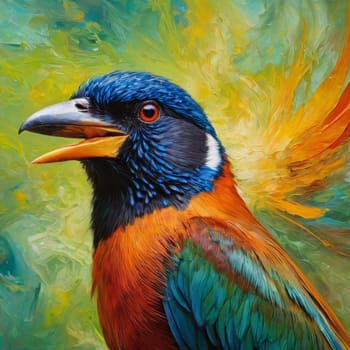 Colorful bird on the background of an abstract watercolor painting.