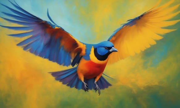 Blue-and-yellow bird on a background of colored smoke.