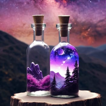 Magic potion in bottles with mountains and starry sky in the background