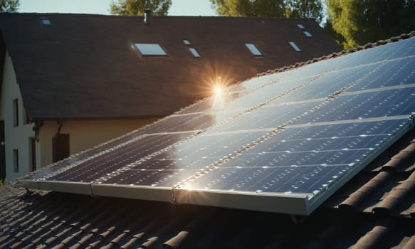 Solar panels on the roof of a house in the rays of the setting sun.