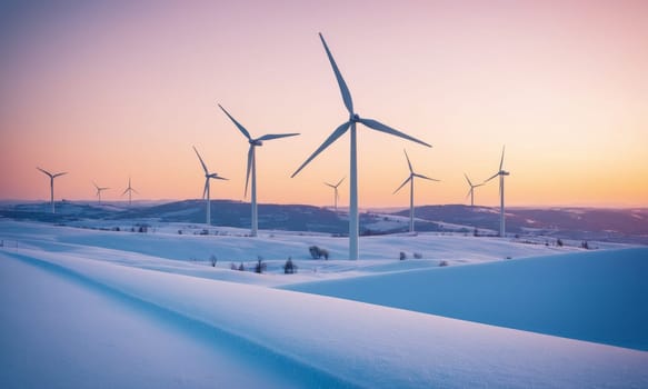Wind turbines in snowy landscape. Alternative energy source