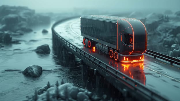 Futuristic Technology Concept: Autonomous Self-Driving Truck with Cargo Trailer Drives on the Road with Scanning Sensors. 3D Zero-Emissions Electric Lorry Driving Fast on Scenic Highway Bridge. High quality photo
