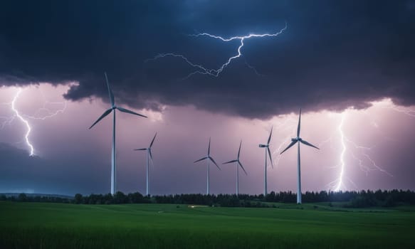 Windmills for electricity production, lightning in the background.