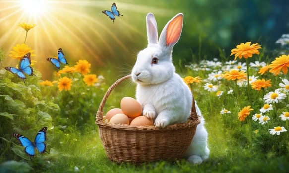 Easter bunny with basket of eggs and butterflies on the meadow.