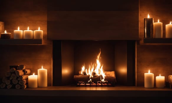 Burning fire in the fireplace. Fireplace in the night
