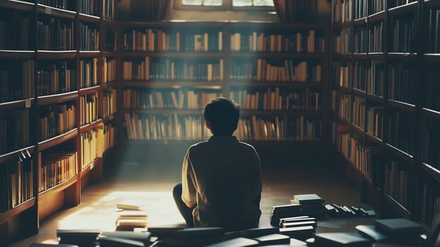 A student in a library, overwhelmed by the books. The towering bookshelves in the background adding to the atmosphere of pressure and academic stress. Neural network generated image. Not based on any actual person or scene.