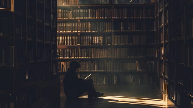 A student in a library, overwhelmed by the books. The towering bookshelves in the background adding to the atmosphere of pressure and academic stress. Neural network generated image. Not based on any actual person or scene.