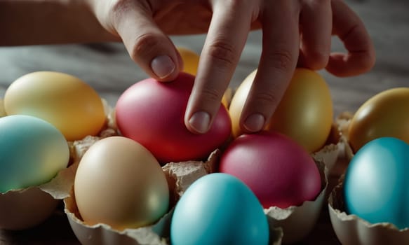 Close-up of female hands holding Easter eggs.